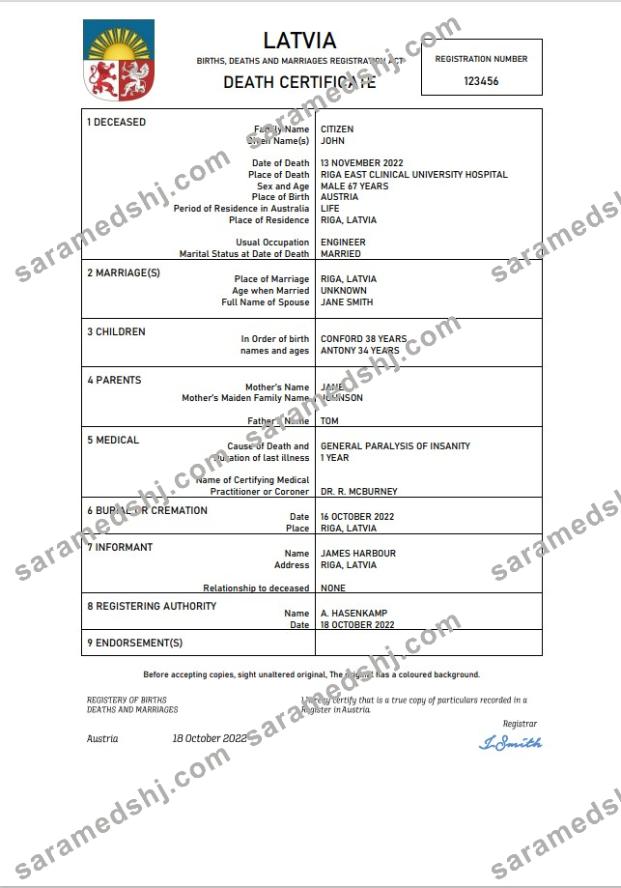 Latvia vital record death certificate Word and PDF template
